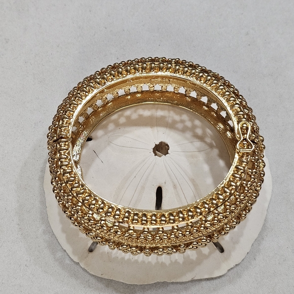 Golden Hinged Domed Cuff Bracelet with Safety Clasp Ornate Heavy - Picture 4 of 16